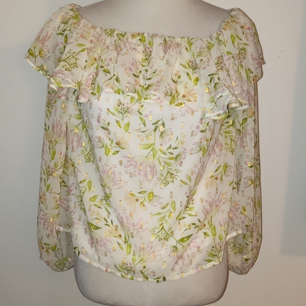 Lovecolette Longballoon Sleeve Pink Floral off white gold pink ruffle blouse Med